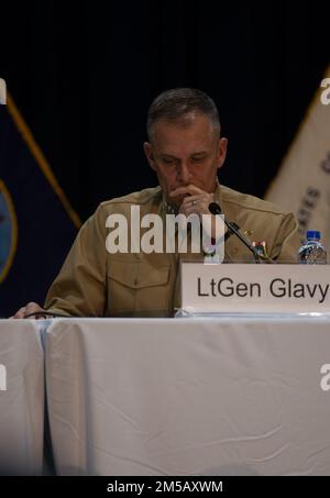 U.S. Marine Lt. Gen. Matthew G. Glavy, the deputy commandant for information, talks on a panel during the West 2022 Conference at the San Diego Convention Center in San Diego, California, Feb. 17, 2022. Throughout West 22, leaders from the Navy, Marine Corps and Coast Guard discussed modernization efforts and future concepts that support the Sea Services' operations. West 22 provides a venue for senior military and government officials to gain valuable direct feedback from operators and partners in the industry. Stock Photo