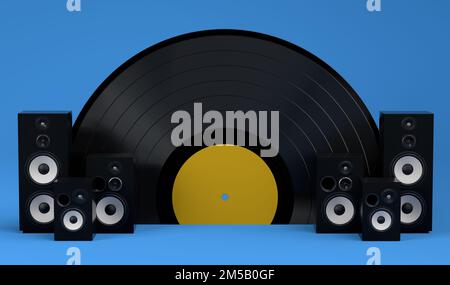 Set of Hi-fi speakers with loudspeakers isolated on blue background. 3d render audio equipment like boombox for sound recording studio Stock Photo