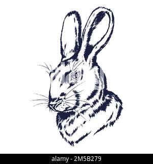 Hand drawn portrait of a rabbit. Rabbit head sketch. Rabbit framed with brushstroke and iris flowers. Stock Vector