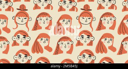 Vector seamless pattern with red hair girl portraits. Red hair women. Spring girl pattern on light background. Vector illustration Stock Vector