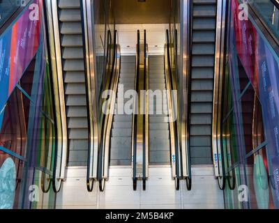 Rotterdam, Netherlands - April 28, 2022: Escalators without people in the covered market building in Rotterdam Stock Photo
