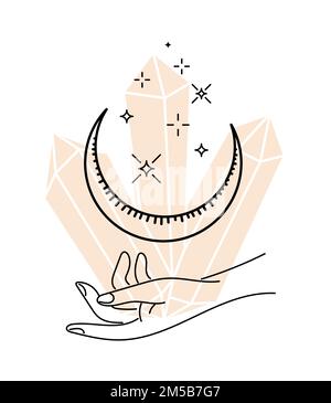 Mystic celestial crystals in moon and stars levitate over feminine hand. Witch spirituality linear mystical gemstone. Magic or healing mineral outline symbol. Esoteric tattoo or logo sketch. Vector Stock Vector