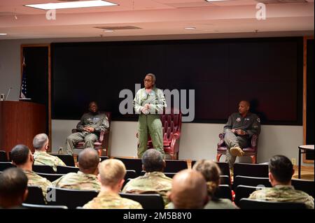 U.S. Air Force Airman Chief Master Sgt. Lynda Washington, Georgia Air National Guard command chief, speaks to enlisted aviators during a professional development panel during the Accelerating the Legacy event at Joint Base Charleston, South Carolina, Feb. 18, 2022. This event was a showcase to honor the legacy of the heroic Tuskegee Airmen by honoring the past, developing the present and promote the future. Stock Photo