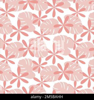 Bright seamless pattern in trendy pink shads with hand drawn elements such as monstera leaves and flower. Trendy print design. Template for poster, postcard, greeting card, price tag, banner. Isolate Stock Vector