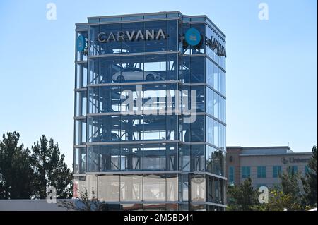 General overall view of a Carvana used-car dealership on Thursday, Dec. 8, 2022, in Ontario, Calif. (Dylan Stewart/Image of Sport) Stock Photo