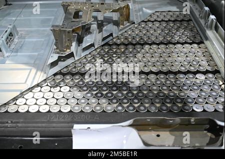 Detailed view of the Tesla 4680 battery pack for the Tesla Model Y on display at the Petersen Automotive Museum “Inside Tesla” exhibit on Tuesday, Dec Stock Photo