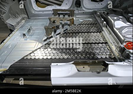 Detailed view of the Tesla 4680 battery pack for the Tesla Model Y on display at the Petersen Automotive Museum “Inside Tesla” exhibit on Tuesday, Dec Stock Photo