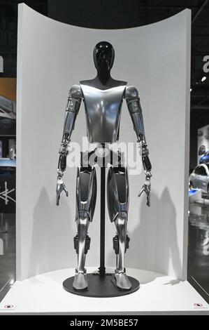 A Tesla Bot Prototype sits on display at the Petersen Automotive Museum