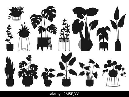 House potted plant, decorative engraving silhouette set. Exotic houseplants flowerpot shape scrapbook print. Botanical house indoor blooming plants in pot, potted ceramic. Isolated jungle stamp vector Stock Vector