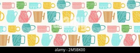 Cup mug trendy doodle seamless pattern, simple wallpaper. Crafted ceramic tableware endless ornament. Tea mugs, coffee cups beverages teacup repeat boundless texture Vector illustration Stock Vector