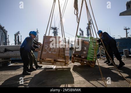 ATLANTIC OCEAN (Feb. 23, 2022) Sailors aboard the Arleigh Burke-class guided-missile destroyer USS Roosevelt (DDG 80) receive pallets of stores during a replenishment-at-sea, Feb. 23, 2022. Roosevelt, forward-deployed to Rota, Spain, is on its third patrol in the U.S. Sixth Fleet area of operations in support of regional allies and partners and U.S. national security interests in Europe and Africa. Stock Photo