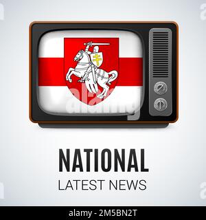Vintage TV and Flag of Belarus as Symbol National Television. Screen with The Horse Rider, Pahonia. Historical Coat of Arms of Belarus and the Grand D Stock Vector