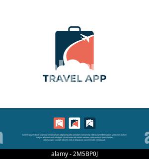 Modern Travel App logo design vector, illustration of travel bag, cloud and airplane silhouette icon mobile template Stock Vector