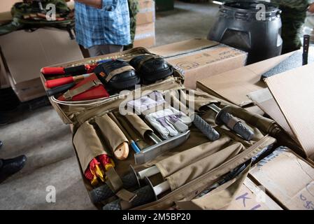 This kit is part of new demining equipment transferred from U.S. Southern Command to the Ecuadorian Army on Feb 23, 2022 in Sangolquí, Ecuador. The kit has improved tools and is lighter to carry as the demining soldiers travel through the jungle. Stock Photo