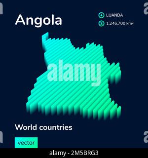 Angola 3D map. Stylized neon digital isometric striped vector Map of Angola is in green and mint colors on the dark blue background Stock Vector