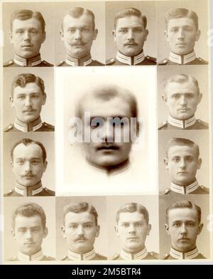 Portraits of Saxon soldiers and a composite portrait by Henry Pickering Bowditch, published in the McClure's magazine article 'Are composite photographs typical pictures?' in 1894 with another composite of Wend soldiers. The photos were also displayed at the Second International Congress of Eugenics, 1921. Bowditch said, “A study of the faces here presented certainly suggests the conclusion that there must be some racial peculiarities showing themselves in the composite portraits. The two composites of each race are clearly more like each other than like those of the other race, and the square Stock Photo