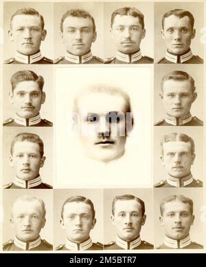 Portraits of Wend soldiers and a composite portrait by Henry Pickering Bowditch, published in the McClure's magazine article 'Are composite photographs typical pictures?' in 1894 with another composite of Wend soldiers. The photos were also displayed at the Second International Congress of Eugenics, 1921. Bowditch said, “A study of the faces here presented certainly suggests the conclusion that there must be some racial peculiarities showing themselves in the composite portraits. The two composites of each race are clearly more like each other than like those of the other race, and the squarel Stock Photo