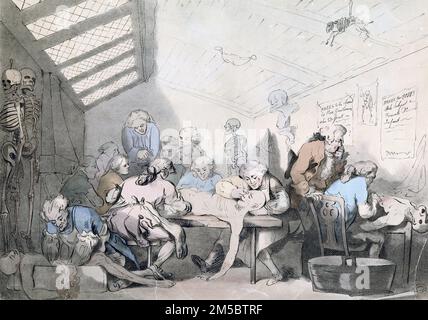 This lithographic print is based on an original watercolor by Thomas Rowlandson now in the collection of the Royal College of Surgeons of England. It is believed to depict William Hunter (1718-1783) leading students in anatomical dissections in his house on Windmill Street. His brother, John Hunter (1728-1793), said, 'He was the first in great Britain that taught publickly dissections; for prior to this time, no pupil could get a subject, but what he could procure of himself, and when he ventured to get one, there was no one to instruct him.' Stock Photo