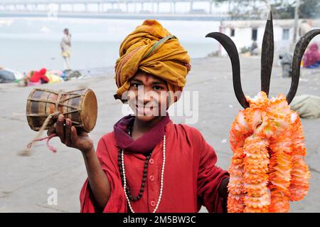 Portrait of a young sadhu taken at Mallick Ghat by the Hooghly river in Kolkata, India. Stock Photo