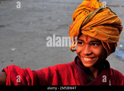 Portrait of a young sadhu taken at Mallick Ghat by the Hooghly river in Kolkata, India. Stock Photo