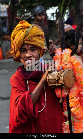 Portrait of a young sadhu taken at Mallick Ghat by the Hooghly river in Kolkata, India. Stock Photo