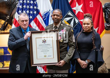 U.S. Army Futures Command held a retirement ceremony for Command Sgt. Maj. Michael A. Crosby  at the III Armored Corps Headquarters in Fort Hood, Texas Feb. 25, 2022. On June 4 2018 Crosby was assigned to the Army Futures Command as the first command sergeant major, Crosby have fostered and galvanized numerous modernization activities during his time at AFC, including but not limited to the creation of Project Convergence, the Army’s campaign of learning and experimentation; the founding of the Army Applications Laboratory, Army Software Factory and Army Artificial Intelligence Integration Cen Stock Photo