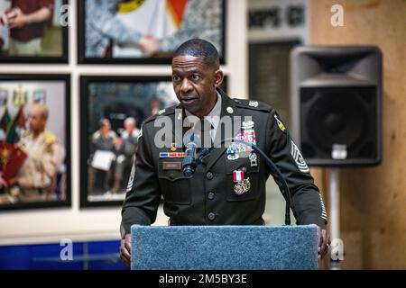 U.S. Army Futures Command held a retirement ceremony for Command Sgt. Maj. Michael A. Crosby  at the III Armored Corps Headquarters in Fort Hood, Texas Feb. 25, 2022. On June 4 2018 Crosby was assigned to the Army Futures Command as the first command sergeant major, Crosby have fostered and galvanized numerous modernization activities during his time at AFC, including but not limited to the creation of Project Convergence, the Army’s campaign of learning and experimentation; the founding of the Army Applications Laboratory, Army Software Factory and Army Artificial Intelligence Integration Cen Stock Photo