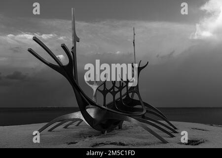 Viking ship sculpture, Sun Voyager, black and white photograph, Reykjavik, Reykjanes Peninsula, Sudurnes, Iceland Stock Photo