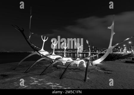 Viking ship sculpture, Sun Voyager, black and white photograph, Reykjavik, Reykjanes Peninsula, Sudurnes, Iceland Stock Photo