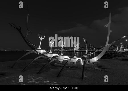 Viking ship sculpture, Sun Voyager, black and white photograph, Reykjavik, Reykjanes Peninsula, Sudurnes, Iceland Stock Photo