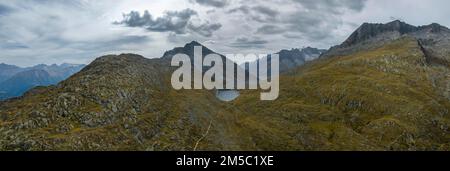 Maerjelen reservoir, Alpine panorama between Eggishorn and Strahlhorn, aerial view, Taelli, Fiescheralp, Valais, Switzerland Stock Photo