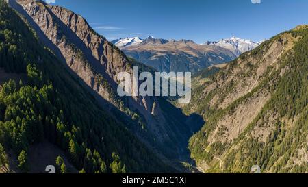 View over the Binn Gorge into the Upper Valais with Bettmerhorn, Eggishorn and Aletsch area, Binntal, Valais, Switzerland Stock Photo