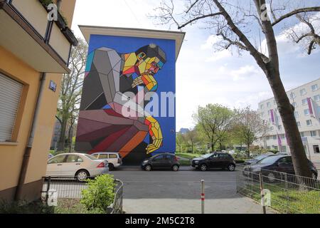 Mural The modern thinker by Dmitri Aske, graffiti, street art, figure, graphic, cubic, think, city centre, Mannheim, Hesse, Germany Stock Photo