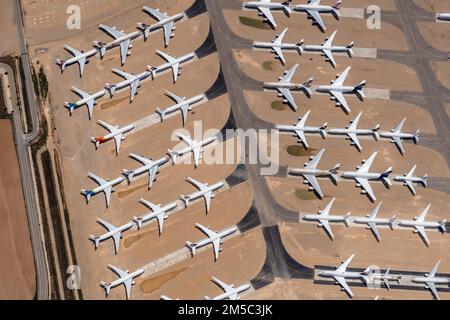 Aerial view of parked commercial aircraft at Teruel Airport in Aragon, parking, storage, scrapping, Airbus, Boeing, Lufthansa, A380, Spain Stock Photo