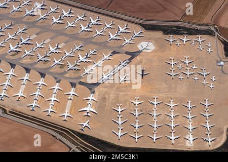 Aerial view of parked commercial aircraft at Teruel Airport in Aragon, parking, storage, scrapping, Airbus, Boeing, Lufthansa, A380, Spain Stock Photo