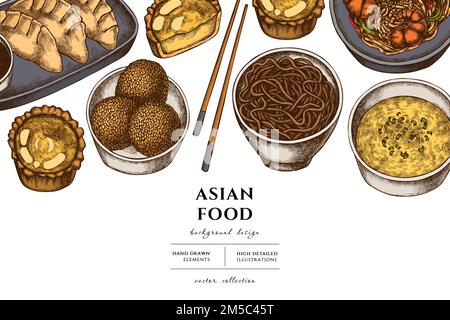 Asian food hand drawn illustration design. Background with retro jiaozi, jian dui, egg tart, noodles with shrimp, egg soup, noodles bowl. Stock Vector