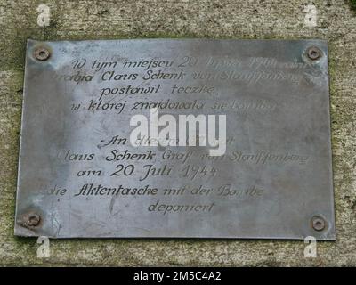 Memorial plaque for the Hitler assassin Claus Schenk Graf von Stauffenberg at the Wolf's Lair (also Wolfschanze or Goerlitz), the military situation Stock Photo