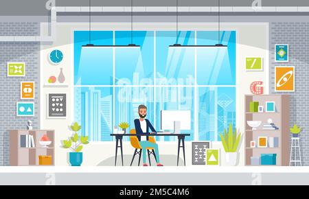 Office workplace with table, bookcase, window. Business man or a clerk working at office desk. Flat vector illustration. Stock Vector