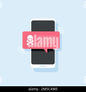 Malware notification on smartphone vector, flat style mobile phone with skull bones bubble speech red alert, concept of spam data, fraud internet erro Stock Vector