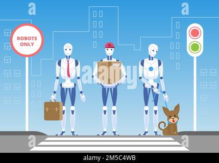 Robot with suitcase, android with box, cyborg with dog. Robots stands in front of  crosswalk with traffic light. Occupation of artificial intelligence Stock Vector