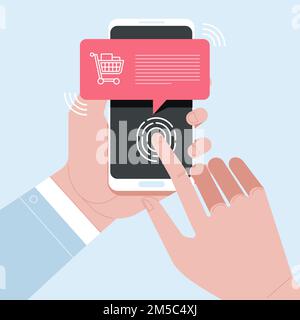 Hands with smartphone unlocked with fingerprint buttonю Secure access to the online store. Cellphone personal access via finger, user authorization, l Stock Vector
