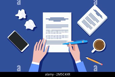 Writer writing on paper sheet vector illustration, flat cartoon person hands with pen on working table with text, workplace top view, desktop with wri Stock Vector