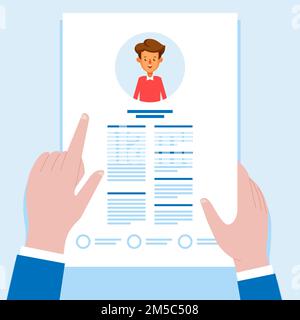 Job interview and recruitment business concept, hands holding resume. Headhunting flat vector illustration Stock Vector
