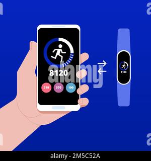 Wrist band bracelet with run activity and fitness tracking app on mobile phone screen vector flat cartoon style, smartphone with run tracker and wrist Stock Vector