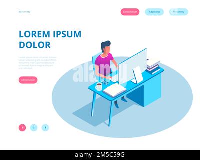 Young man working on the computer programmer, business analysis, design, strategy. Isometric vector illustration Stock Vector