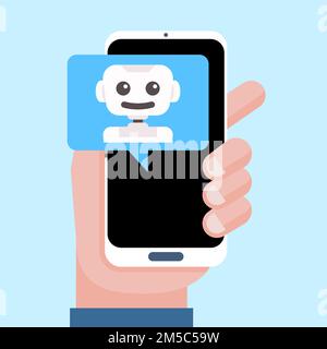 Intelligent personal assistant, virtual assistant, chat bot, chatbot concept. Hand holding smartphone with speech bubble and robot. Modern long shadow Stock Vector