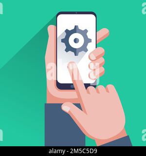 Settings on smartphone screen. Hand holding cellphone, user touching gear icon. Mobile app settings menu, software update, downloading, installing new Stock Vector