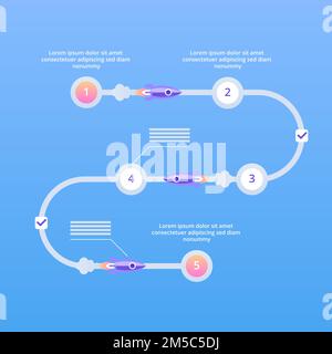 Startup project steps infographics. Rocket on its way with staypoints. Vector flat illustration. Stock Vector