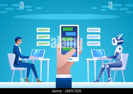 Chatbot concept. Man chatting with chat bot. Vector illustration concept for business, site, banners, web. Stock Vector