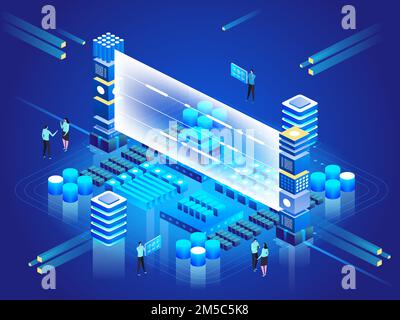 Computation of big data center, information processing, database. internet traffic routing, server room rack isometric vector technology Stock Vector